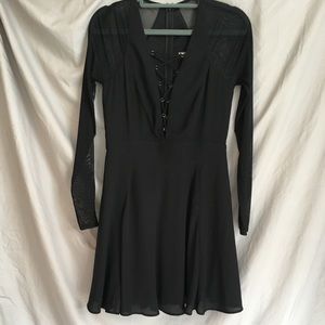 Black, Cross-Laced Front Long-Sleeved Dress